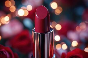 Glossy red lipstick tubes, with a background of softly blurred roses in soft focus. Professional shot emphasizing the vibrant color and sleek design of the lipstick. photo