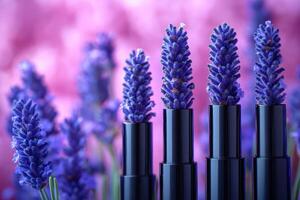 Sleek mascara tubes in glossy black, with blurred lavender flowers in the background. Professional shot emphasizing the sleek design and intense color of the mascara tubes. photo