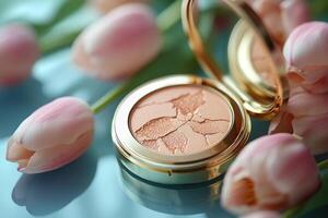Elegant compact powder cases in gold, set against a blurred field of tulips. Professional shot showcasing the luxurious finish and refined design of the compact powder cases. photo