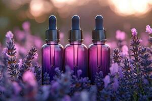 Radiant face serum bottles with droppers, placed in front of a backdrop of softly blurred lavender blooms. Professional shot highlighting the elegant design and glow of the serum. photo