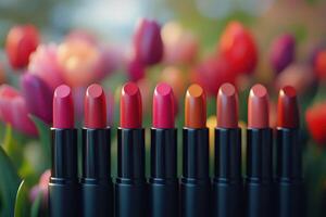 Glossy lipstick tubes in vibrant shades, with a blurred backdrop of tulips. Professional shot emphasizing the bold colors and sleek design of the lipsticks. photo