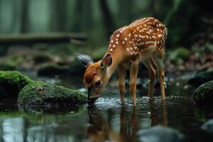 Young deer drinking from lake in autumn forest photo