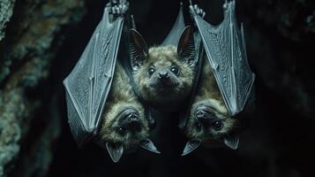 Group of bats hanging upside down in cave photo