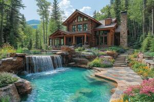 Luxurious log cabin with cascading waterfall pool and breathtaking mountain views photo