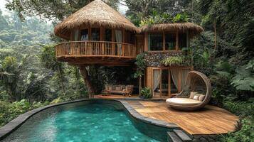 Luxurious tree house with infinity pool overlooking tropical rainforest photo
