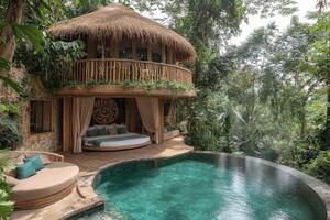 Luxurious tree house with infinity pool overlooking tropical rainforest photo