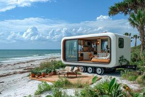 Modern tiny house on wheels parked by the sea offering tranquility and scenic views photo