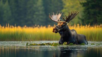 Large bull moose standing in water with lily pads photo