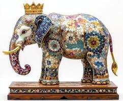 Jeweled elephant statue with crown standing on wooden pedestal photo