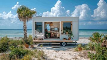 Modern tiny house on wheels parked by the sea offering tranquility and scenic views photo