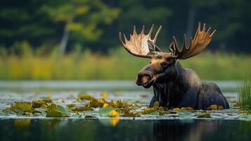 Large bull moose standing in water with lily pads photo