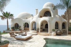 Modern minimalist white villa with swimming pool featuring multiple domes and arches photo