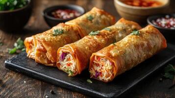 Crispy spring rolls filled with vegetables and chicken lying on a slate platter photo