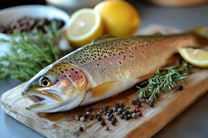 Fresh raw rainbow trout fish lying on black stone cutting board surrounded by spices and herbs for cooking photo