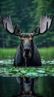 Large bull moose standing in water with lily pads photo