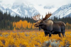 Large bull moose standing in a field with mountains in the background photo