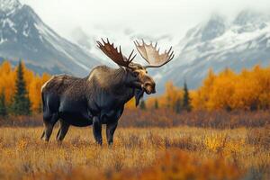 Large bull moose standing in a field with mountains in the background photo