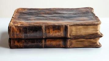 Old leather bound holy bible with cross embossed showing faith and religion photo