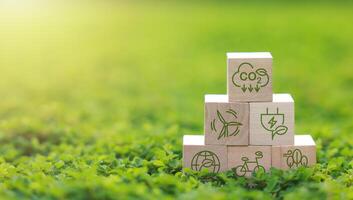Wooden block for co2, ESG and net zero. Carbon reduction strategy and action to limit climate change and global warming. world environment day, world earth day. green business photo