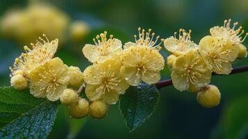 Branch of a blooming japanese quince showing multiple pink flowers photo