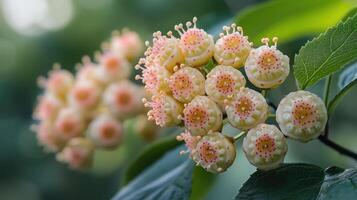 Branch of a blooming japanese quince showing multiple pink flowers photo
