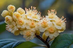 Branch of a blooming japanese quince showing multiple pink flowers photo