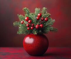 Christmas ornament and pine cone resting near spruce sprig on teal background with copy space photo