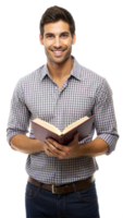 Man smiling while holding an open book, ready to read png