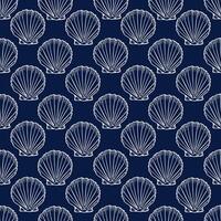 Underwater seamless pattern with seashells line art illustration in white color on dark blue background. Scallop sketch, seashell line drawing. Summer beach ocean print for background, textile, fabric vector