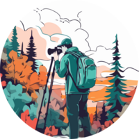 A man with a backpack is taking a picture of the forest png