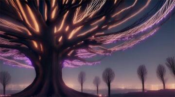 Under the moonlight, the imaginative forest reveals its quiet beauty as the trees gently reflect their shadows, creating a quiet and mysterious scene. video