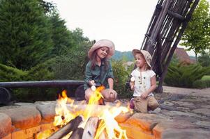 Two happy sisters roasting marshmallows photo