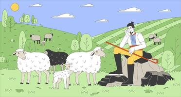 Man shepherd with herd on pasture flat illustration. Caucasian male grazing sheep in green valley 2D character cartoon background. Farmer taking care of animals scene storytelling image vector