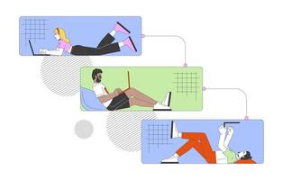 Young adults working on laptops in waterfall workflow 2D illustration concept. Remote office employees cartoon characters isolated on white. Communication metaphor abstract flat graphic vector