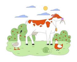 Cow, goose and chicken on farmyard cartoon flat illustration. Agricultural animals of traditional husbandry 2D characters isolated on white background. Livestock and poultry scene color image vector