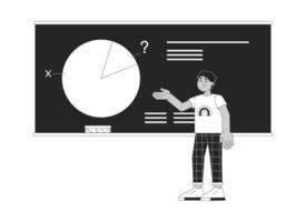 Boy standing at blackboard black and white 2D line cartoon character. Little student solving math problem isolated outline person. Learning school lesson monochromatic flat spot illustration vector