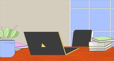 Home office workplace with laptop flat illustration. Comfortable workspace with desk and notebook computer 2D interior cartoon background. Domestic furniture and technology scene image vector