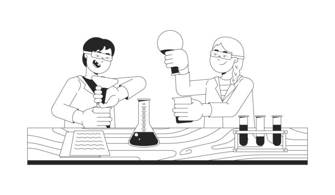 Positive students working in chemical lab black and white 2D line cartoon characters. Boy and girl studying chemistry isolated outline people. Education monochromatic flat spot illustration