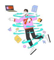 Asian man web developer in coding whirlpool 2D illustration concept. Programmer with laptop in workflow cartoon character isolated on white. Software designing metaphor abstract flat graphic vector