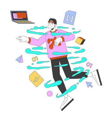Asian man web developer in coding whirlpool 2D illustration concept. Programmer with laptop in workflow cartoon character isolated on white. Software designing metaphor abstract flat graphic