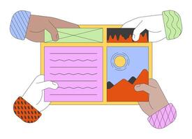 Hands applying elements onto webpage cartoon illustration. Creating app through graphical user interface. No code development linear 2D image, white background. Editable colorful flat clipart vector