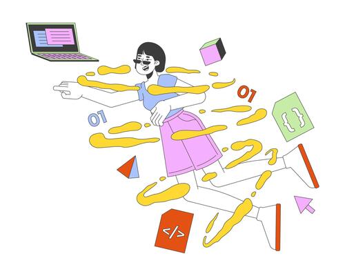 Inspired korean woman app developer 2D illustration concept. Female web designer in swirl of coding elements cartoon character isolated on white. Programming metaphor abstract flat graphic