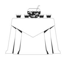Prom party table punch bowl ladle cups black and white 2D line object. Beverage refreshment. Citrus fruit drink tablecloth isolated clip art outline item. Monochromatic spot illustration vector