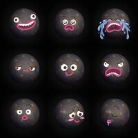 Funny cartoon illustration of planet Mercury with different expressions. Smiling surprised crying sad happy angry confused blushing sleeping faces emojis. Flat colors vector