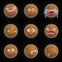 Funny cartoon illustration of planet Venus with different expressions. Smiling surprised crying sad happy angry confused blushing sleeping faces emojis. Flat colors vector
