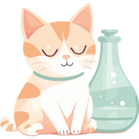 A cat sitting next to a bottle of liquid png