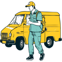 A man in a uniform is standing next to a yellow van png