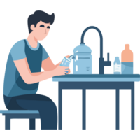 A man is sitting at a table with a bottle and a glass png