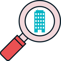 A magnifying glass is showing a building and a building png