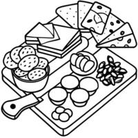 Assorted appetizers. charcuterie. snacks. and cheese displayed on a wooden cutting board. Buffet par vector